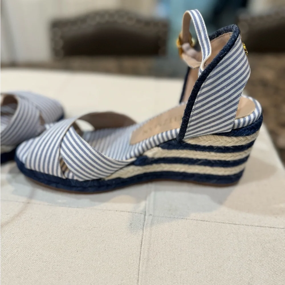 Stuart Weitzman Navy and White Striped Espadrille Wedges